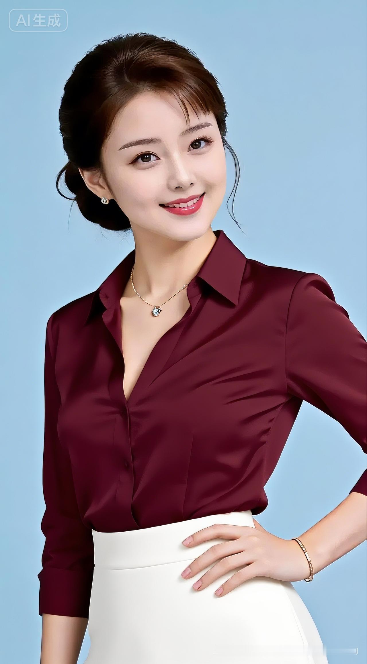 温婉气质佳人身着枣红色雅致衬衣，搭配简约纯白长裙，浅蓝干净背景衬身姿，眉眼舒展从