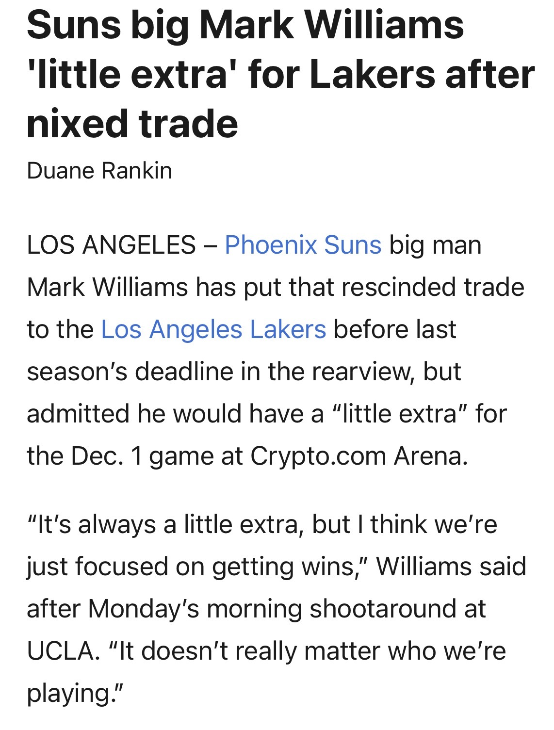 马克-威廉姆斯：交易告吹后，对阵湖人要拿出“额外拼劲”。“每次打他们总会多一分动