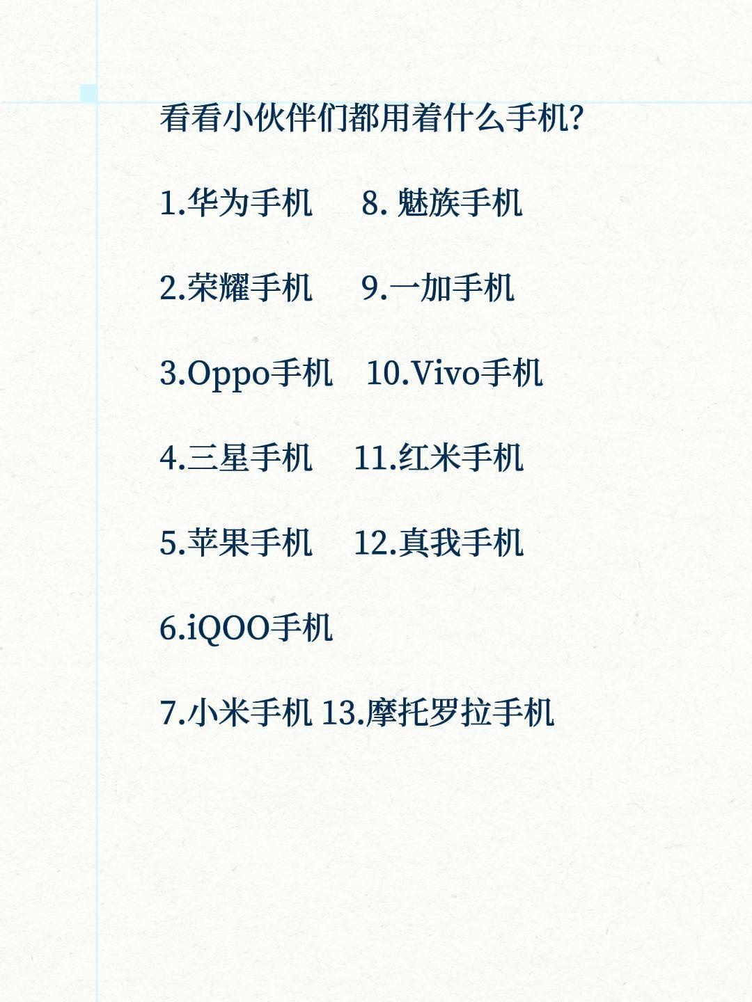 看看小伙伴们都用着什么手机？
1.华为手机      8. 魅族手机
2.荣耀手