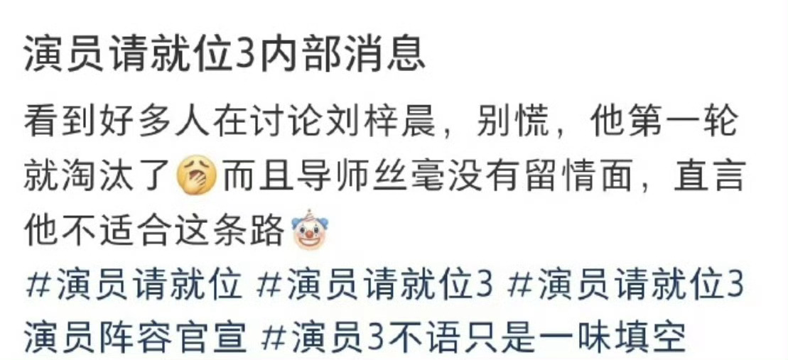 刘梓晨第一轮就淘汰了  刘梓晨第一轮就被淘汰了   演员请就位3内部消息刘梓晨第