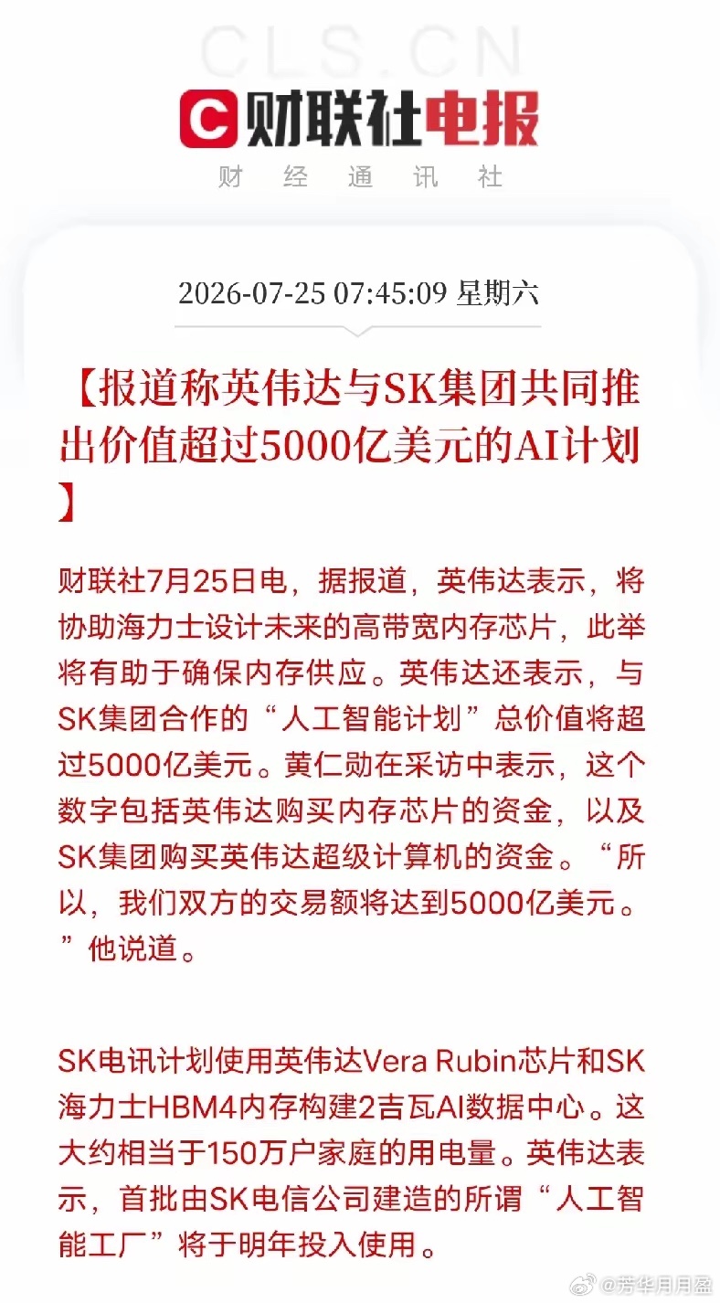 顶级资源互补！英伟达与SK集团达成5000亿美元AI合作7月25日消息，英伟达官