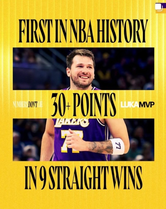 东契奇在九连胜期间，场场都能拿到30+，NBA历史第一。如果后面能接着强势表现，