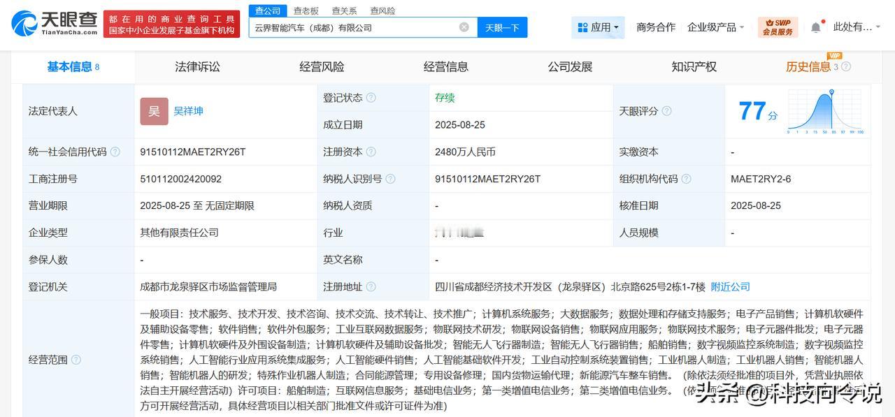 【野马汽车等在成都成立智能汽车公司 注册资本2480万】
天眼查工商信息显示，近