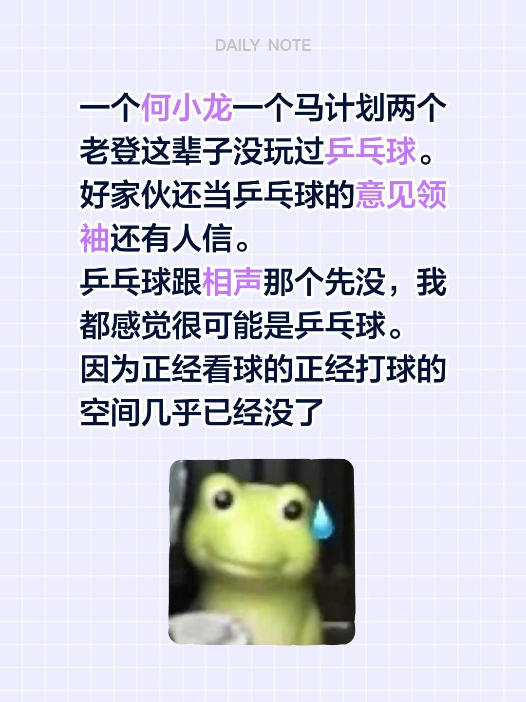 一个何小龙一个马计划两个老登这辈子没玩过乒乓球。
好家伙还当乒乓球的意见领袖还有