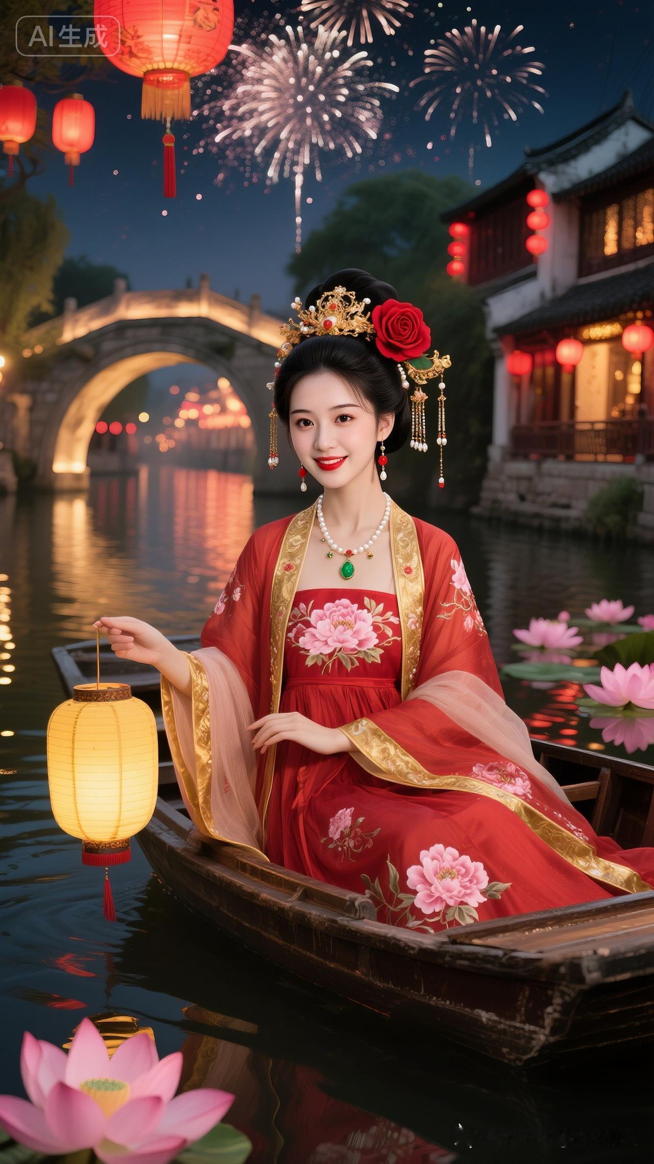梦回古代，红衣美人泛舟赏花灯！
