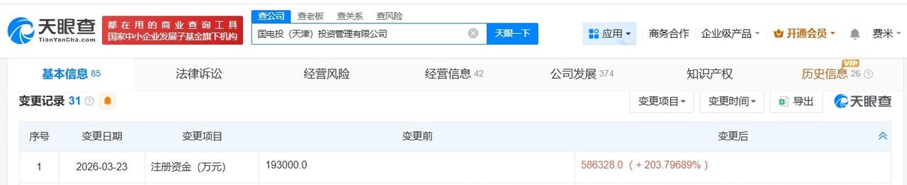 国家电投旗下天津投资管理公司增资至58.6亿 增幅约204%

天眼查App显示
