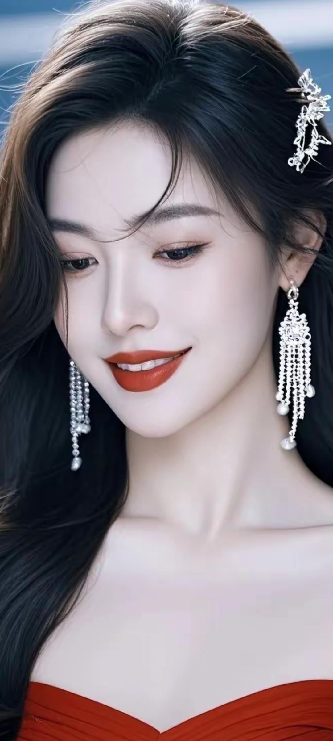 优雅红唇，闪耀耳饰，尽显迷人魅力！💄✨👗