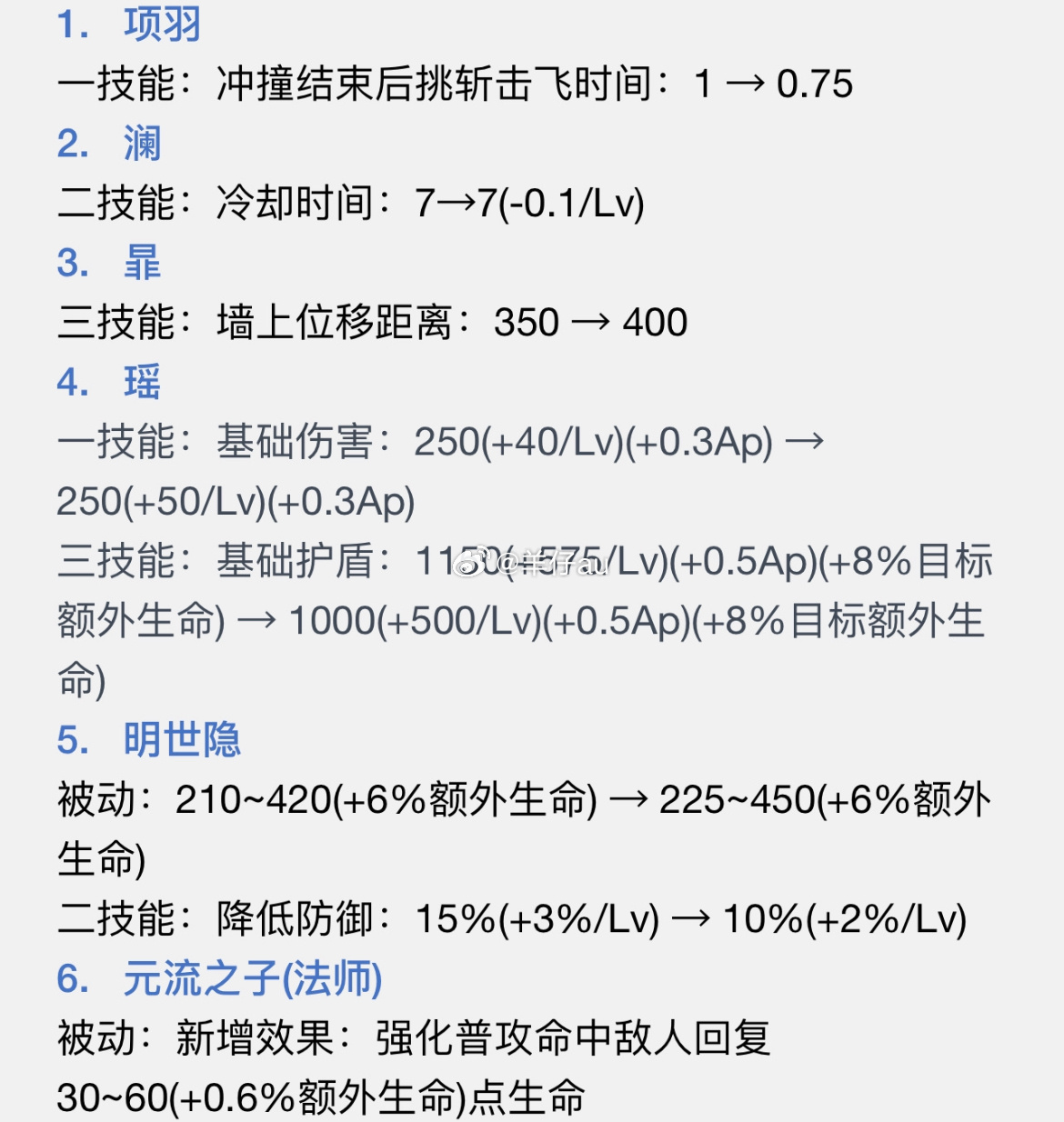 体验服最新更新项羽削弱 澜暃增强 瑶平调话说为啥要把瑶的伤害提高护盾减少啊。。一