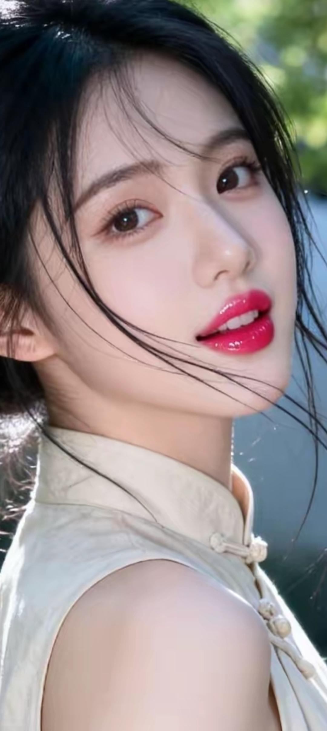 甜美少女风，红唇与黑发相映成趣，清新自然！🌸💄🌿