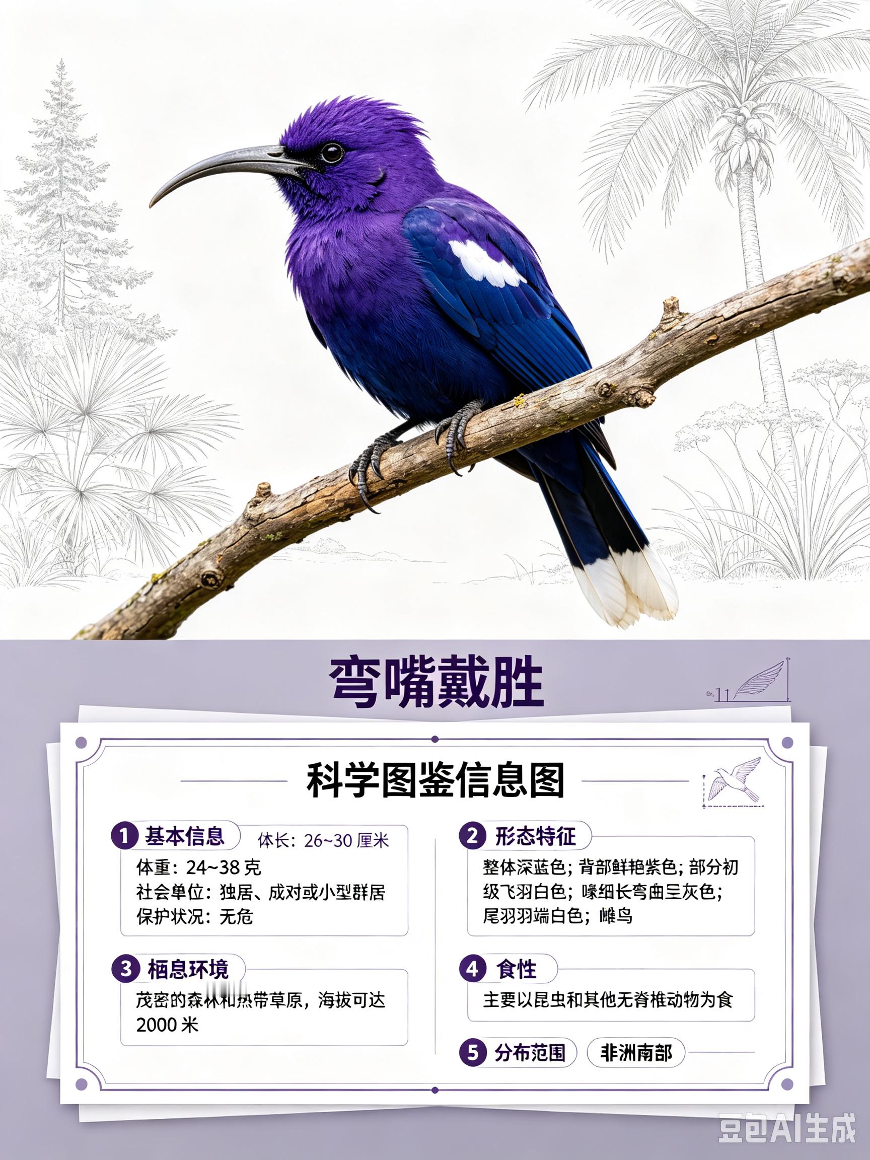 鸟类朋友图鉴 弯嘴戴胜体长：26~30 厘米体重：24~38 克社会单位：独居、