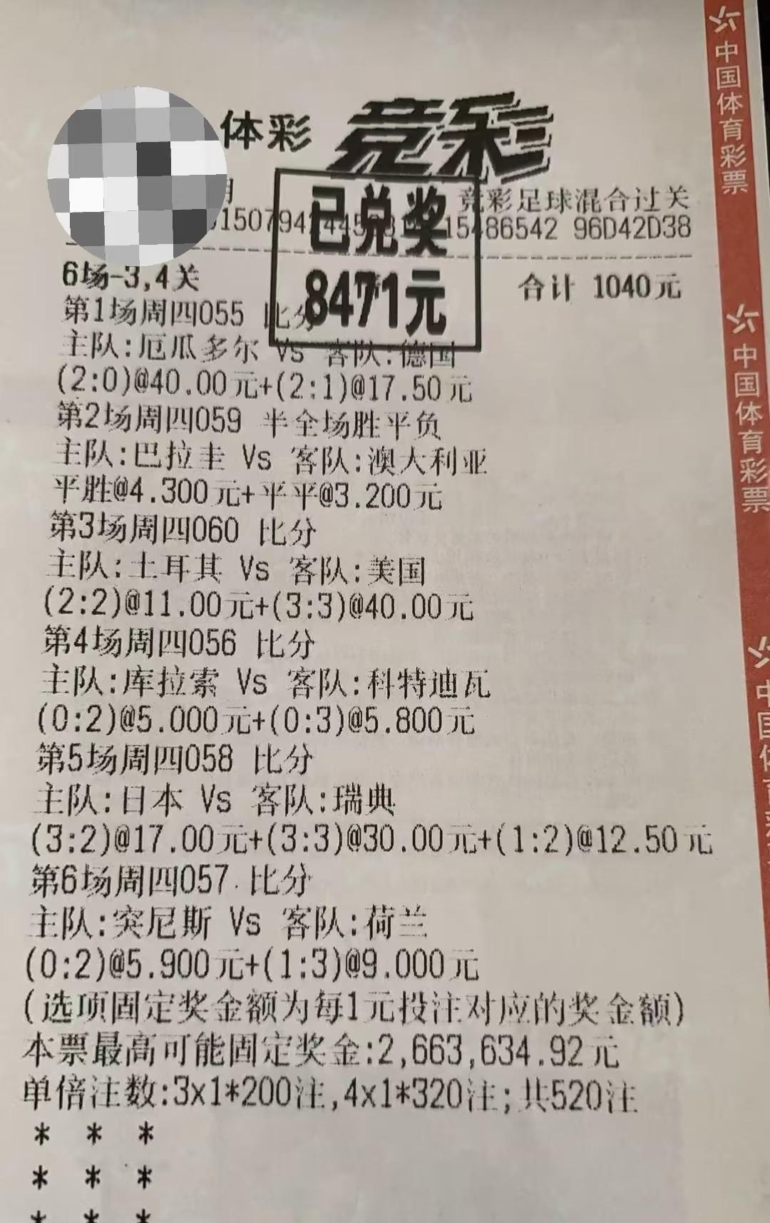 网上看到的，这张彩票太可惜了，一步之遥就是大奖。
虽然错了两场，但是还是很准的，
