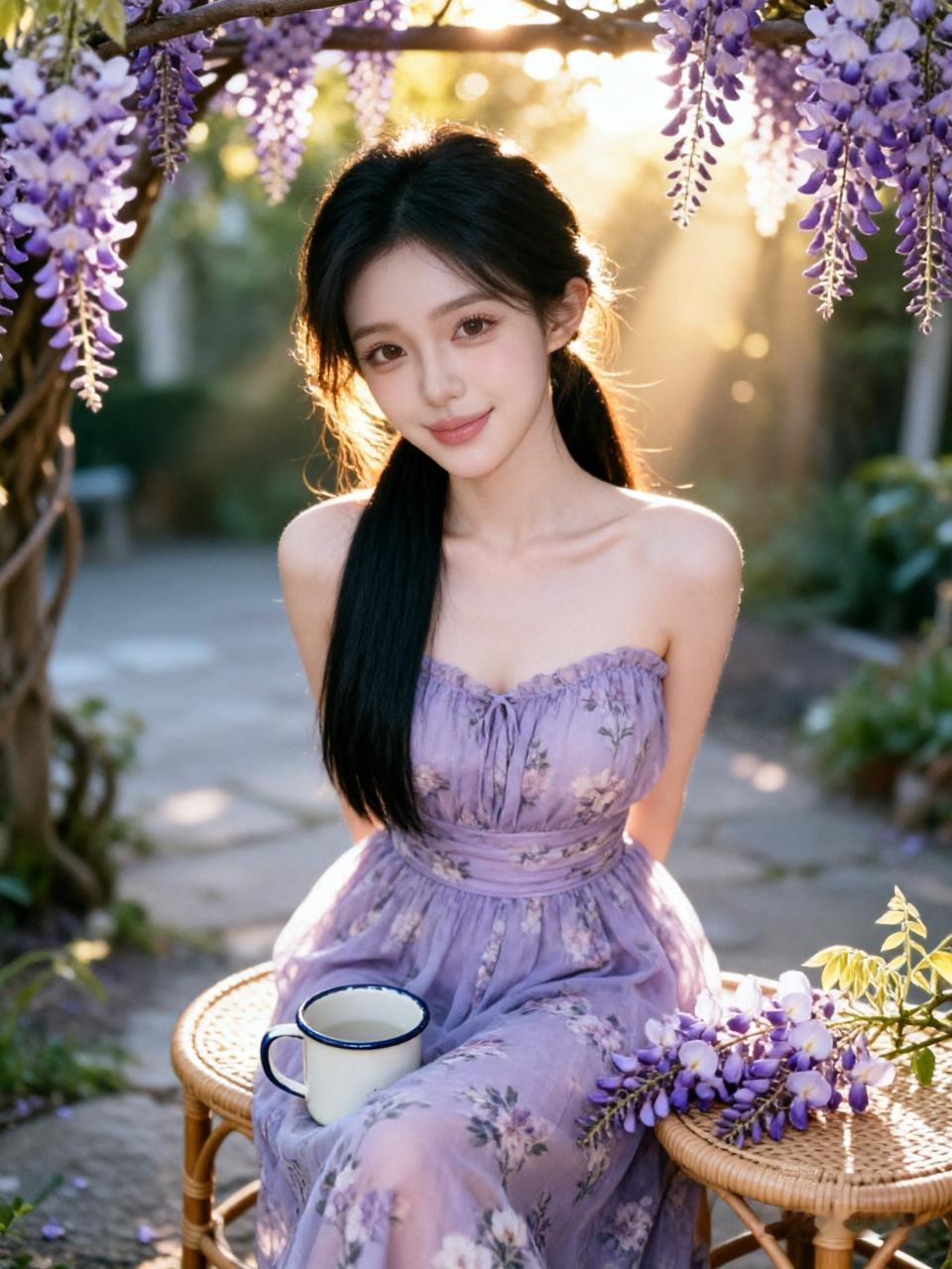 在紫藤花下，少女轻笑，时光静好。