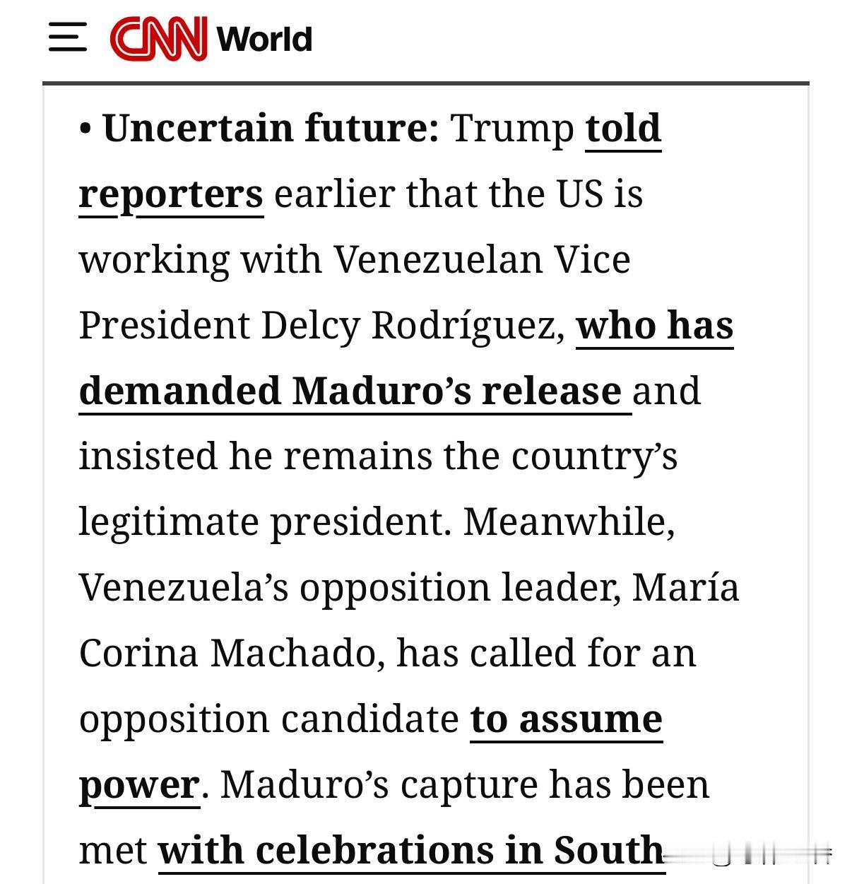 川普告诉记者，美国正在与委内瑞拉副总统罗德里格斯合作，后者要求释放马杜罗，并坚持