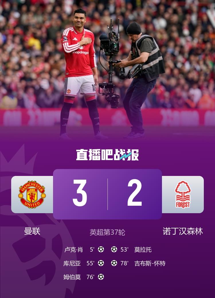英超 曼联3-2森林 B费赛季20助，卡塞米罗主场告别战，库尼亚、姆贝莫破门
5