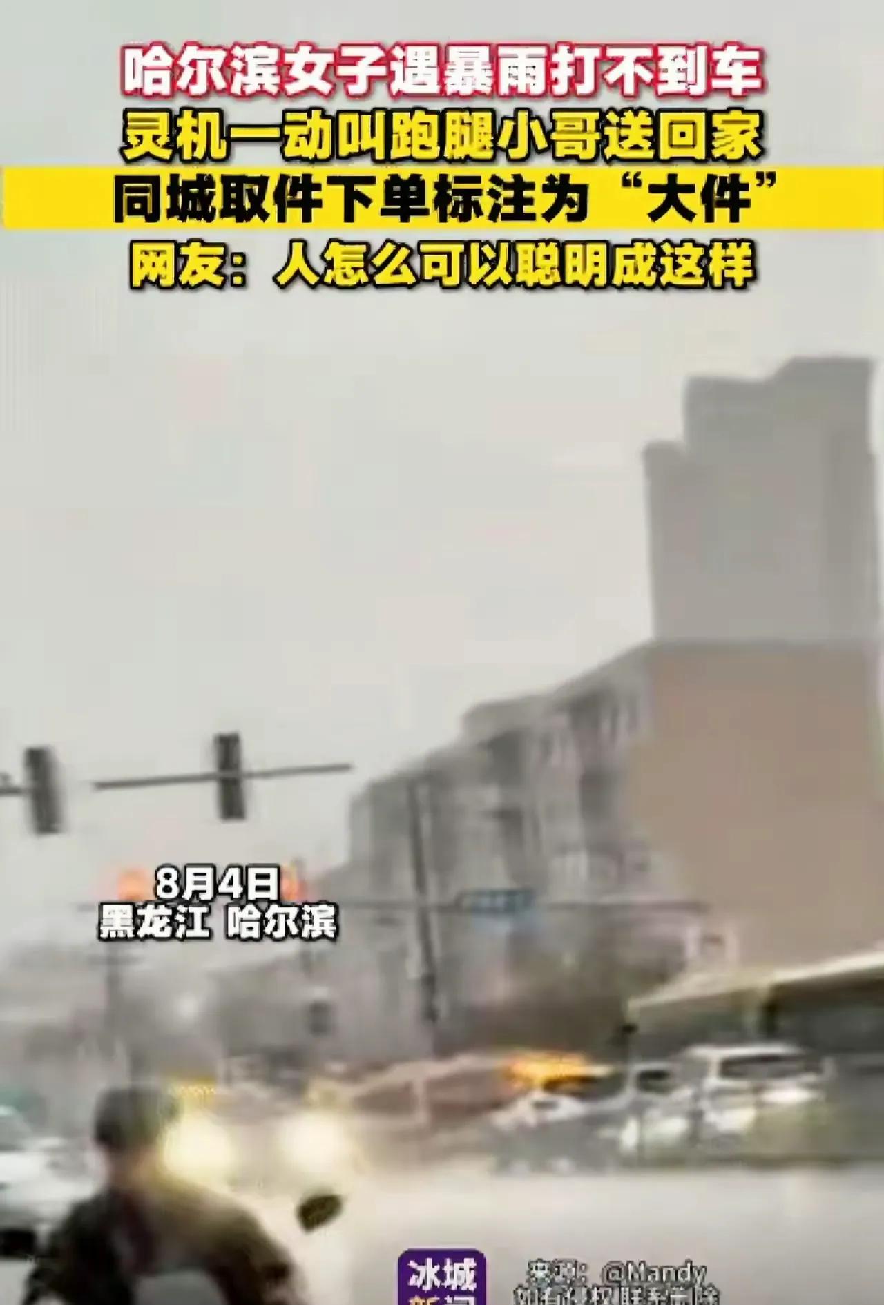 “脑子太好用了！”哈尔滨一女子暴雨中打不到车，灵机一动，给自己下了个跑腿订单，备