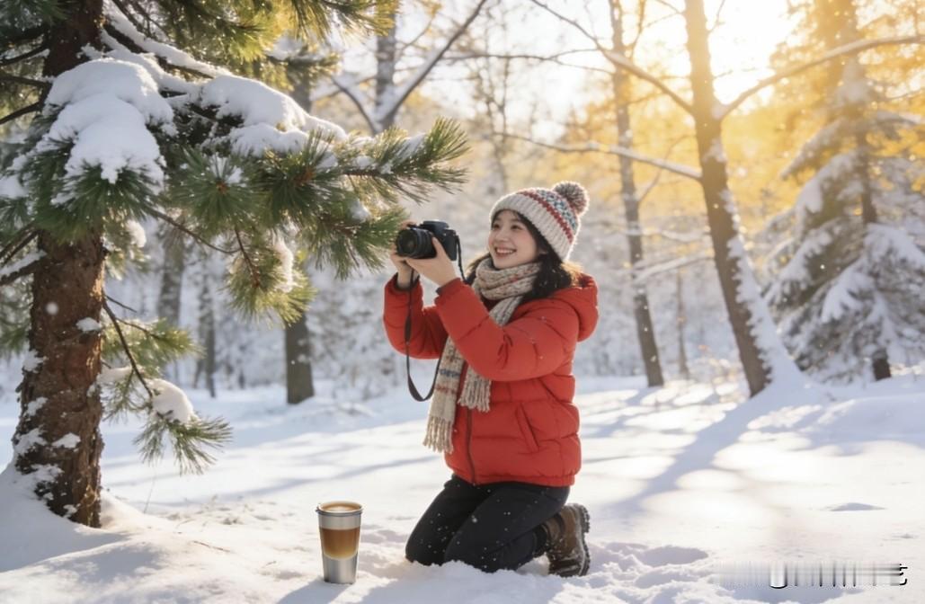 冬日生活打卡季雪覆的松枝下，红衣姑娘跪蹲雪地举着相机，暖帽围巾裹着笑靥。身旁热饮
