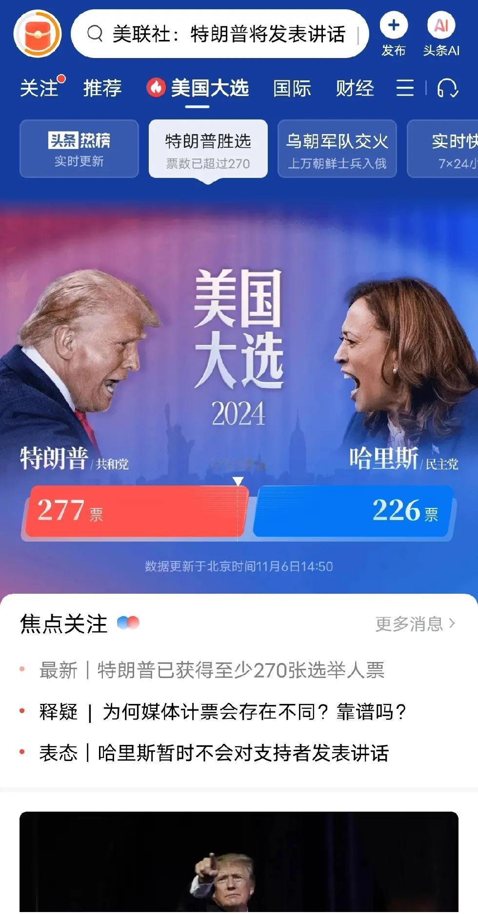 那个演说家回来了。特朗普已经获得超过270票的选举人票。就差官宣，稍后特朗普会有