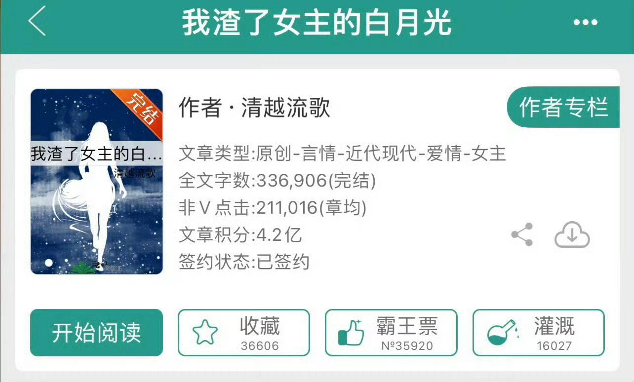 小说推荐：《我渣了女主的白月光》 作者:清越流歌简评：作精咸鱼女主vs高冷校草男