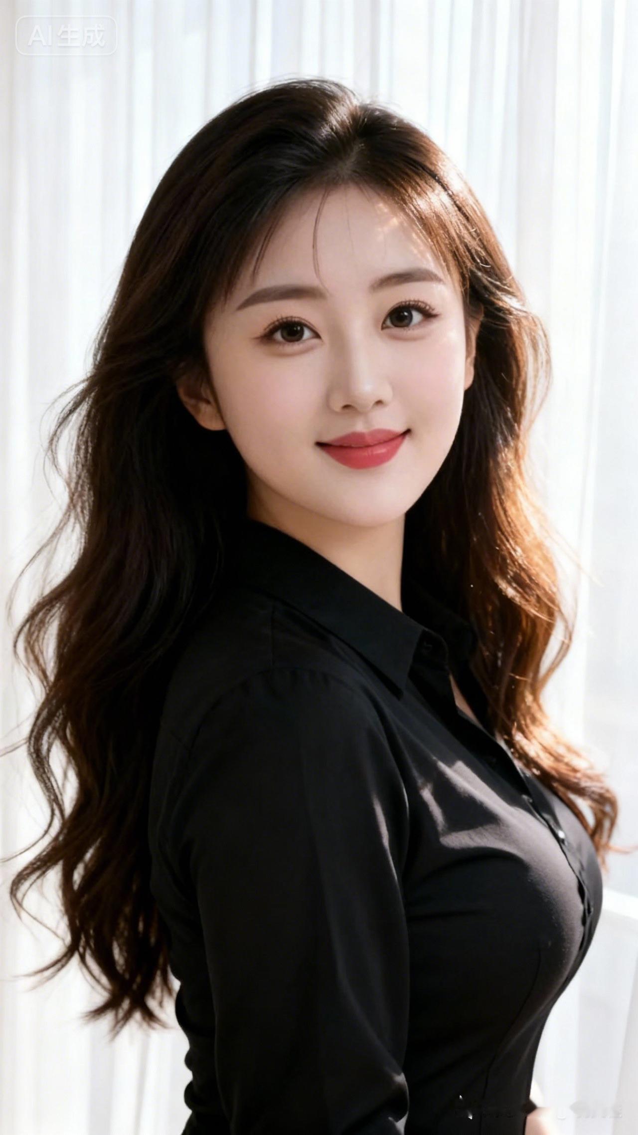 深棕微卷长发垂落，圆润脸清秀白皙，眉眼明亮、唇角微扬，尽显优雅温婉。