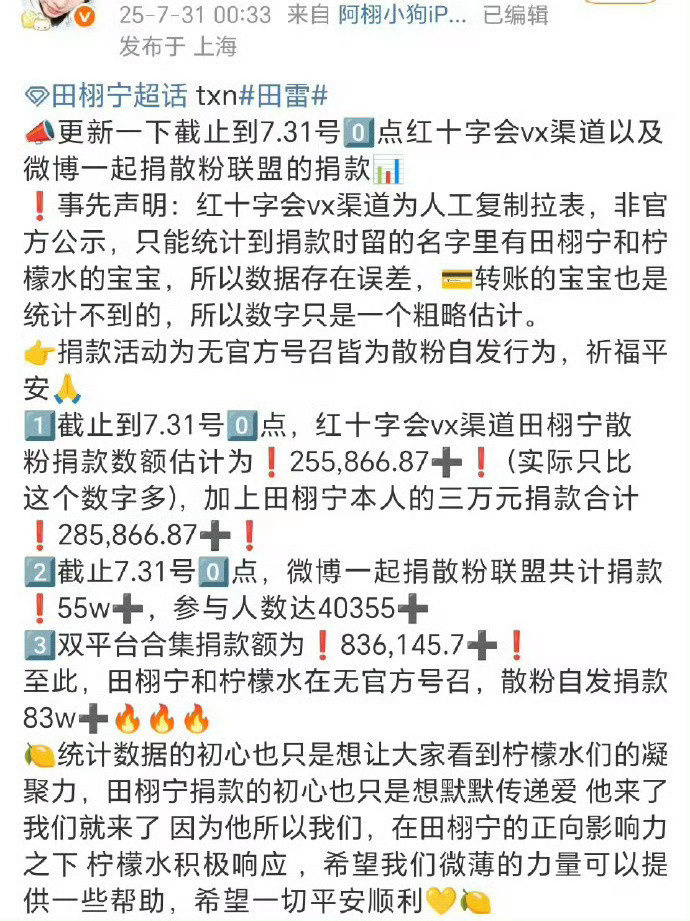 田栩宁粉丝做的这个真值得一提的，散粉向灾区捐款“83万+ ” ​​​