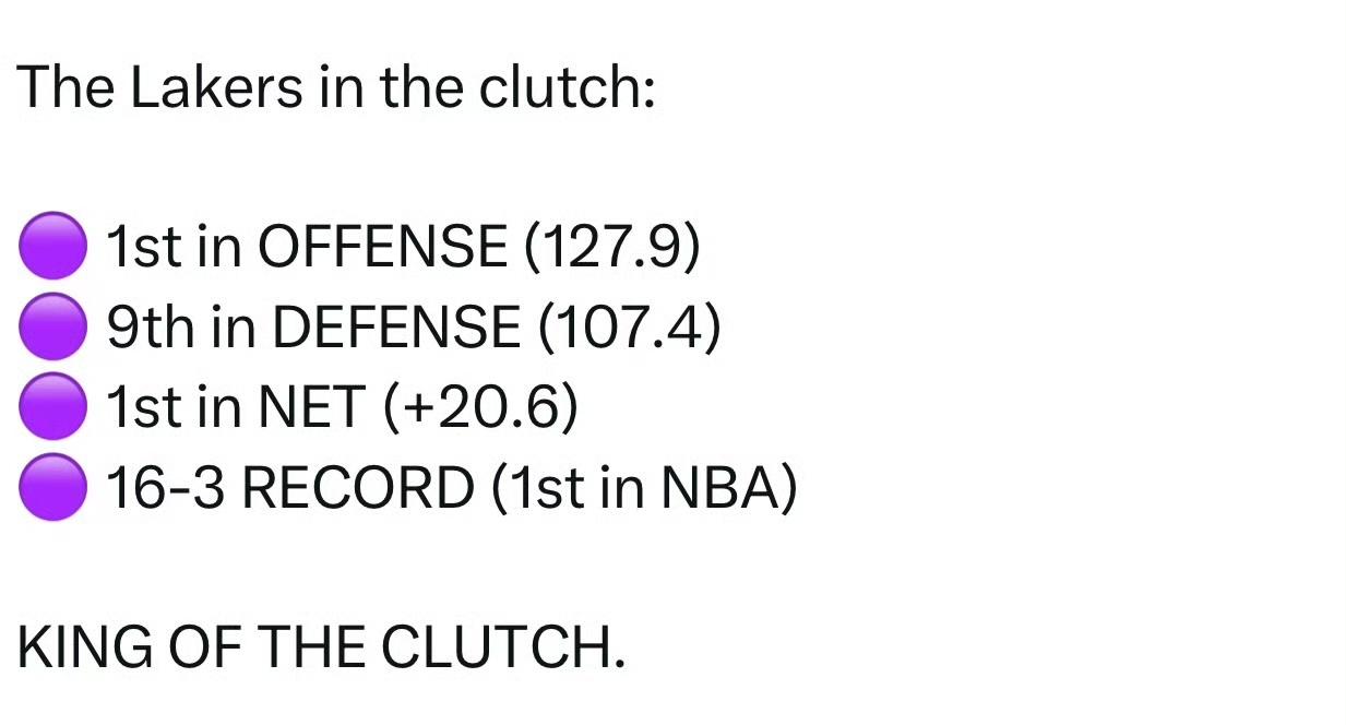 湖人本赛季关键时刻（Clutch Time）高阶数据

比赛末节/加时最后5分钟