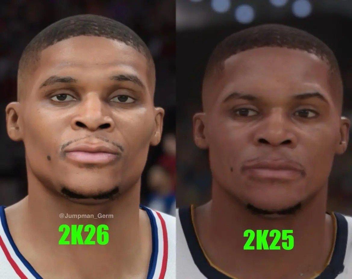 2K官方终于在《NBA 2K26》中更新了威斯布鲁克的面补 ​​​