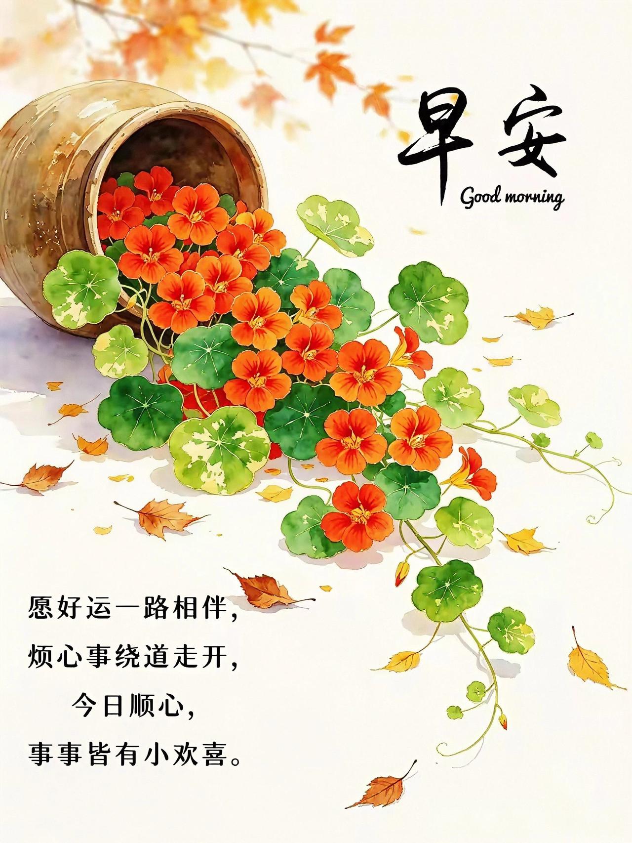 晨光洒落，橘色花朵溢出陶罐，好运也如繁花般倾泻而来，今日顺心，事事皆有小欢喜。