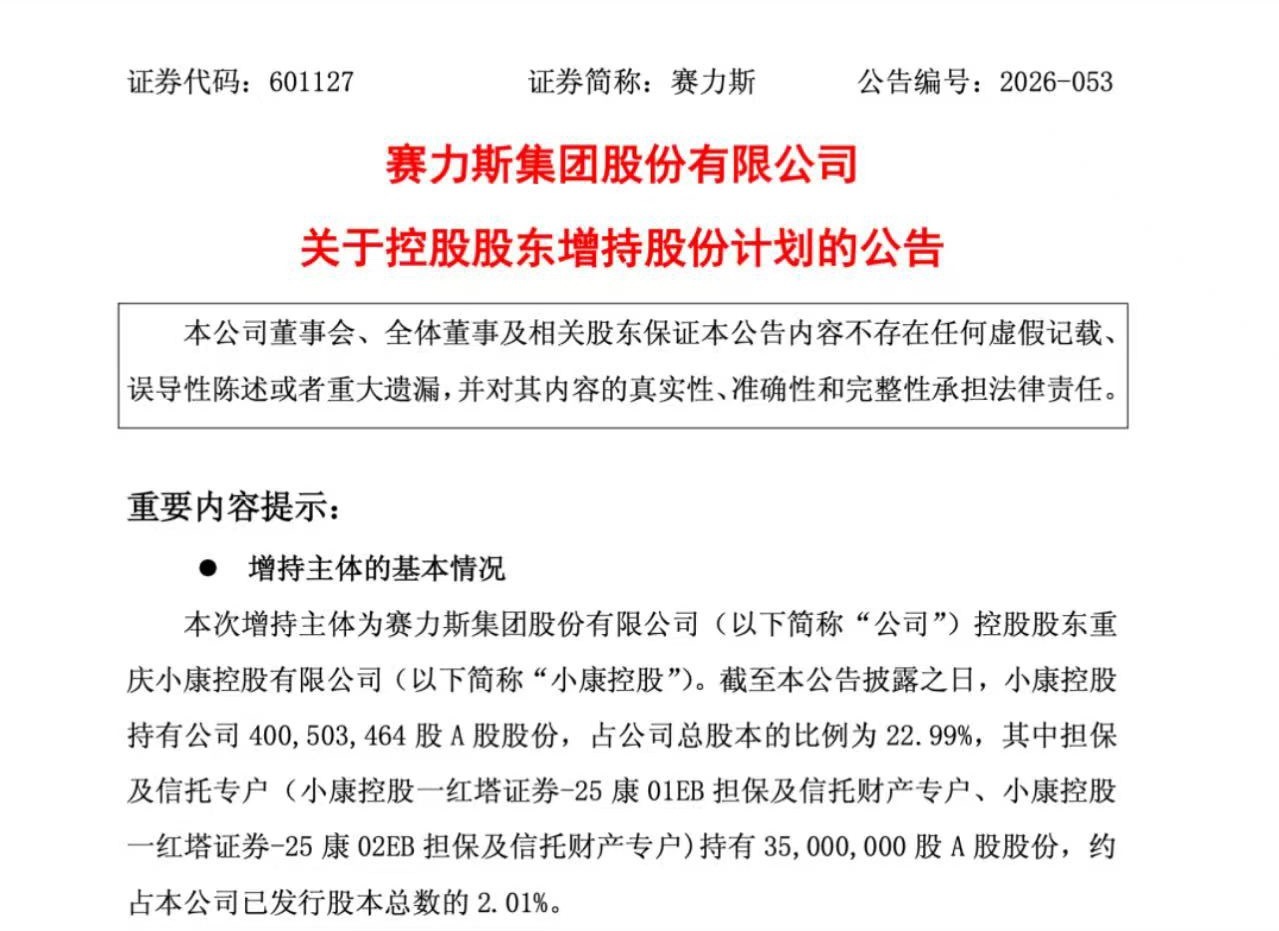 赛力斯 日前，赛力斯发布公告称，公司控股股东重庆小康控股有限公司计划自公告披露之