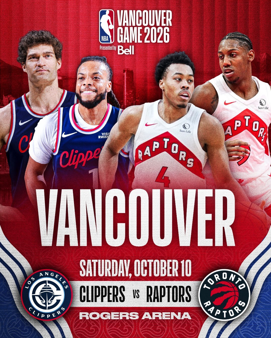 NBA加拿大官方给的赛事预告封面图很有意思！快船这边加兰和大洛，猛龙那边巴恩斯和
