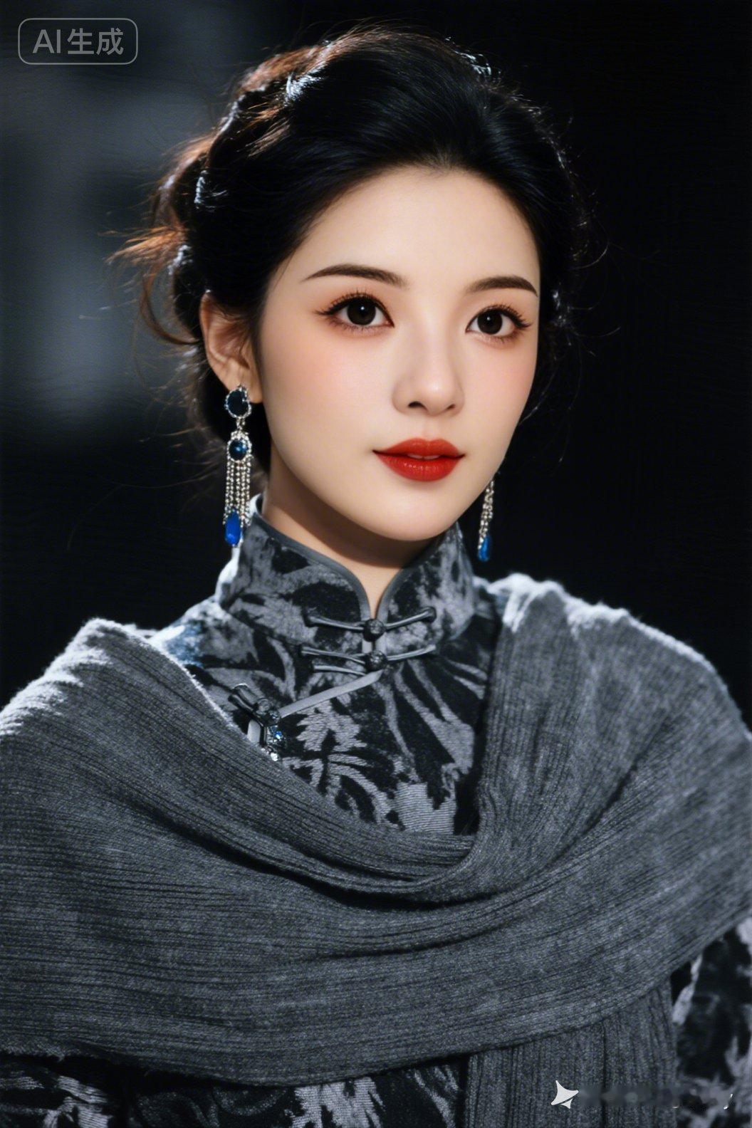 女人貌美气质优雅高贵，凌乱盘发配修长耳坠，身着高档灰色高领毛衫搭大围巾，冷蓝光质
