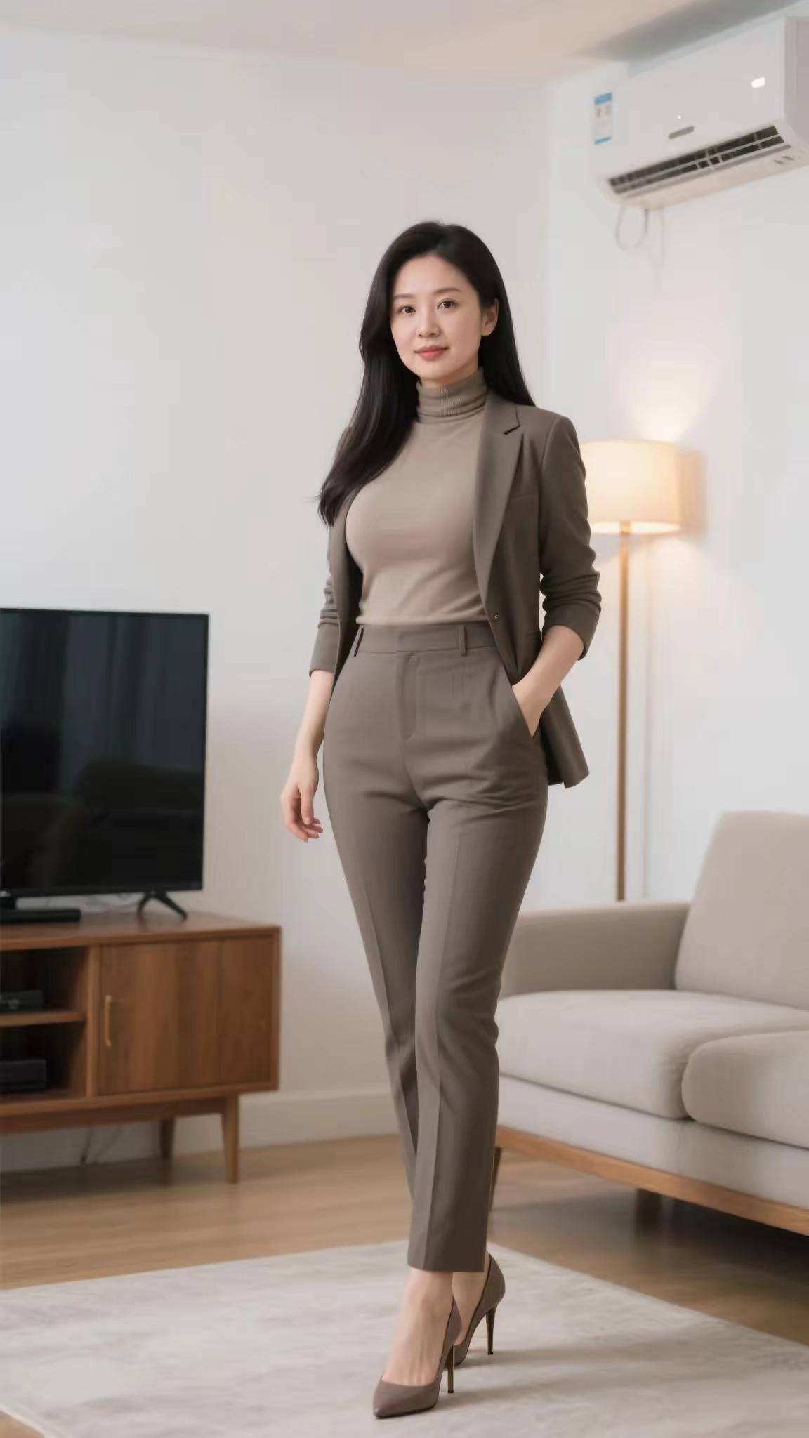 优雅职场风，棕色套装搭配高跟鞋，尽显女性魅力！