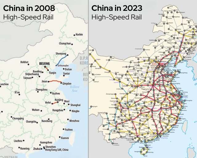 我国高铁网2023年对比2008年，祖国的基建能力太夯了