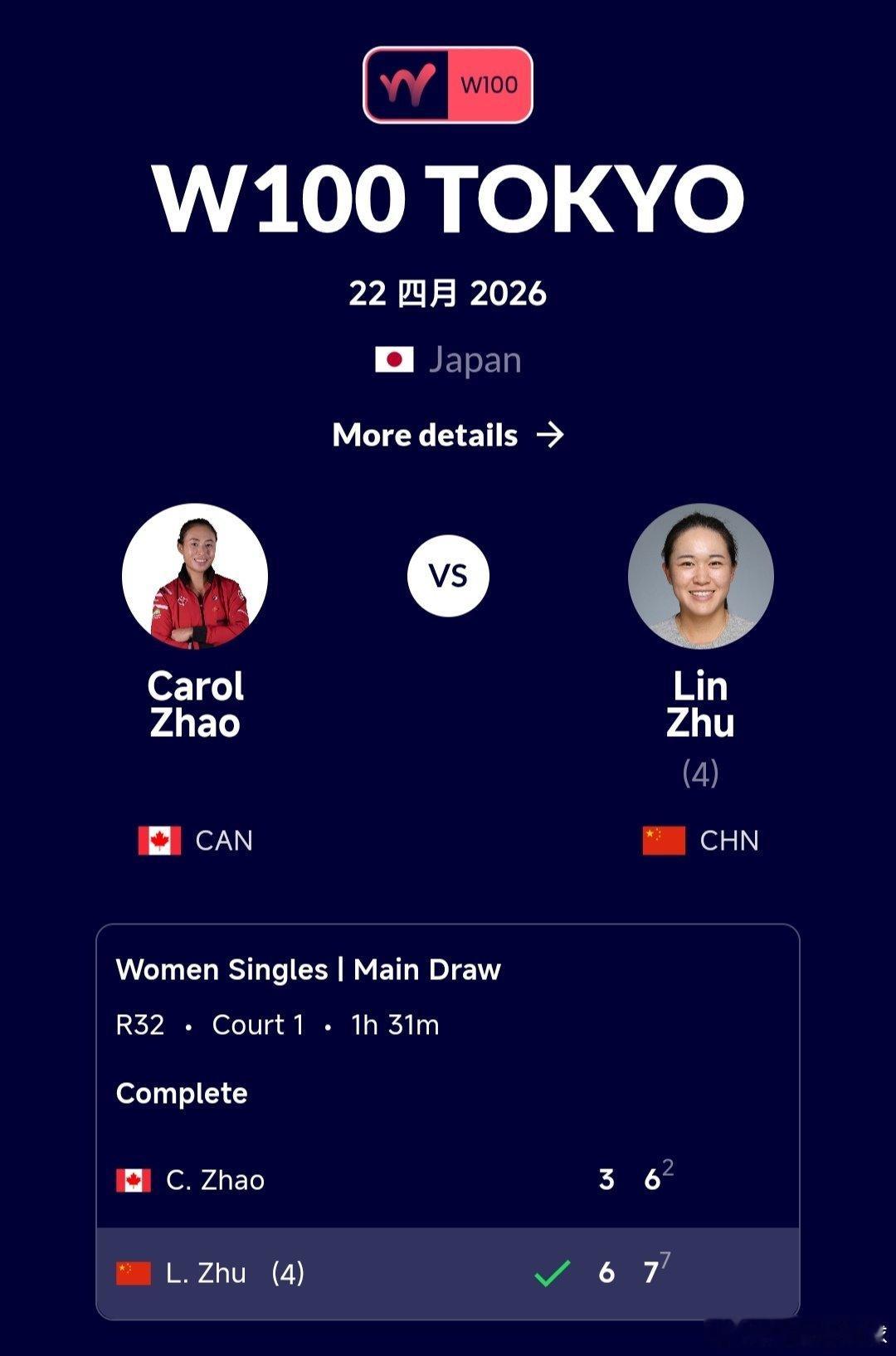 W100东京站🇯🇵女单第1轮朱琳🇨🇳6-3/7-6(2)赵一羽🇨🇦马