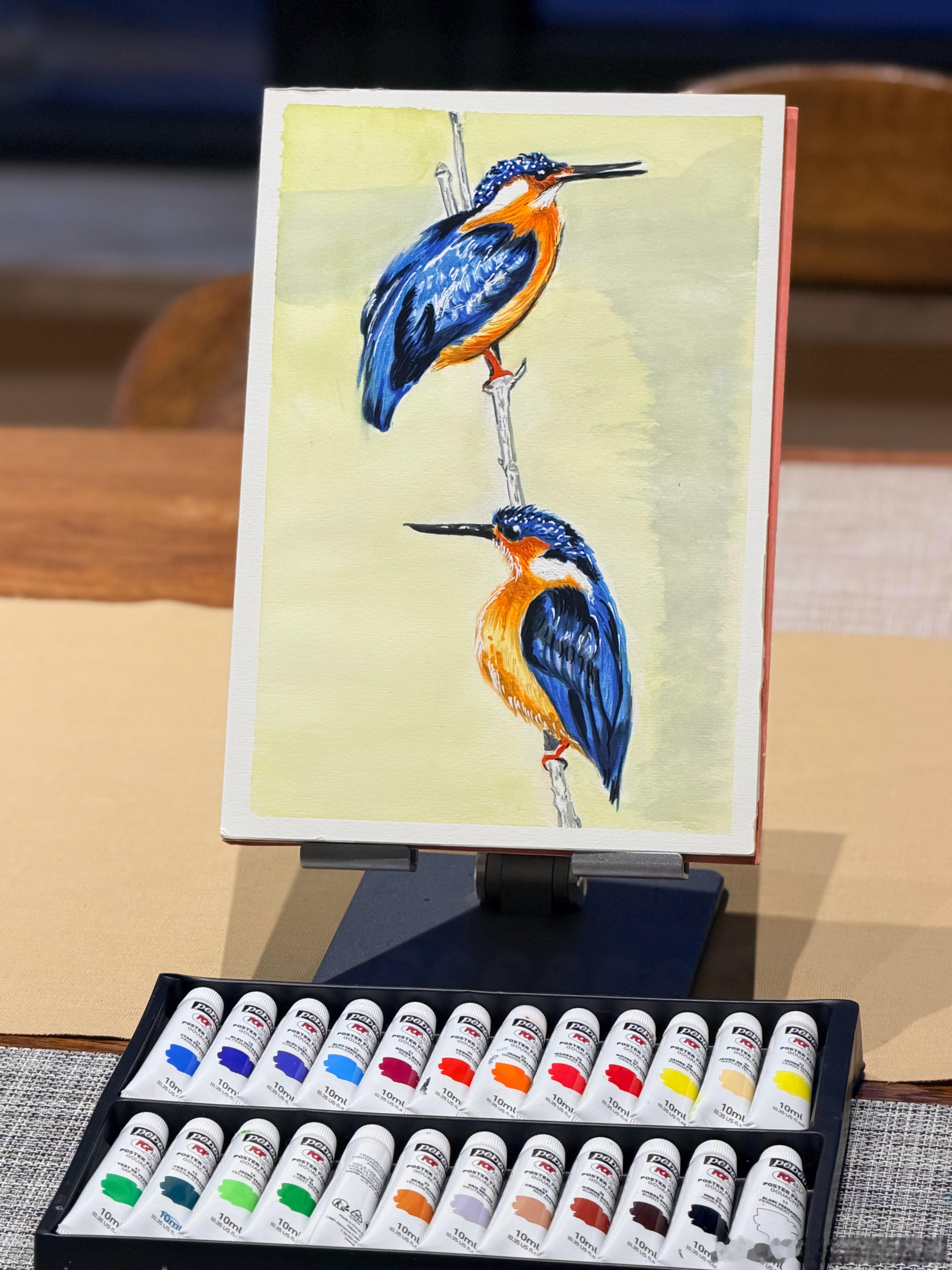 今天完成一组翠鸟水粉画：        两只翠鸟上下错落栖息在同一段浅色的细枝上