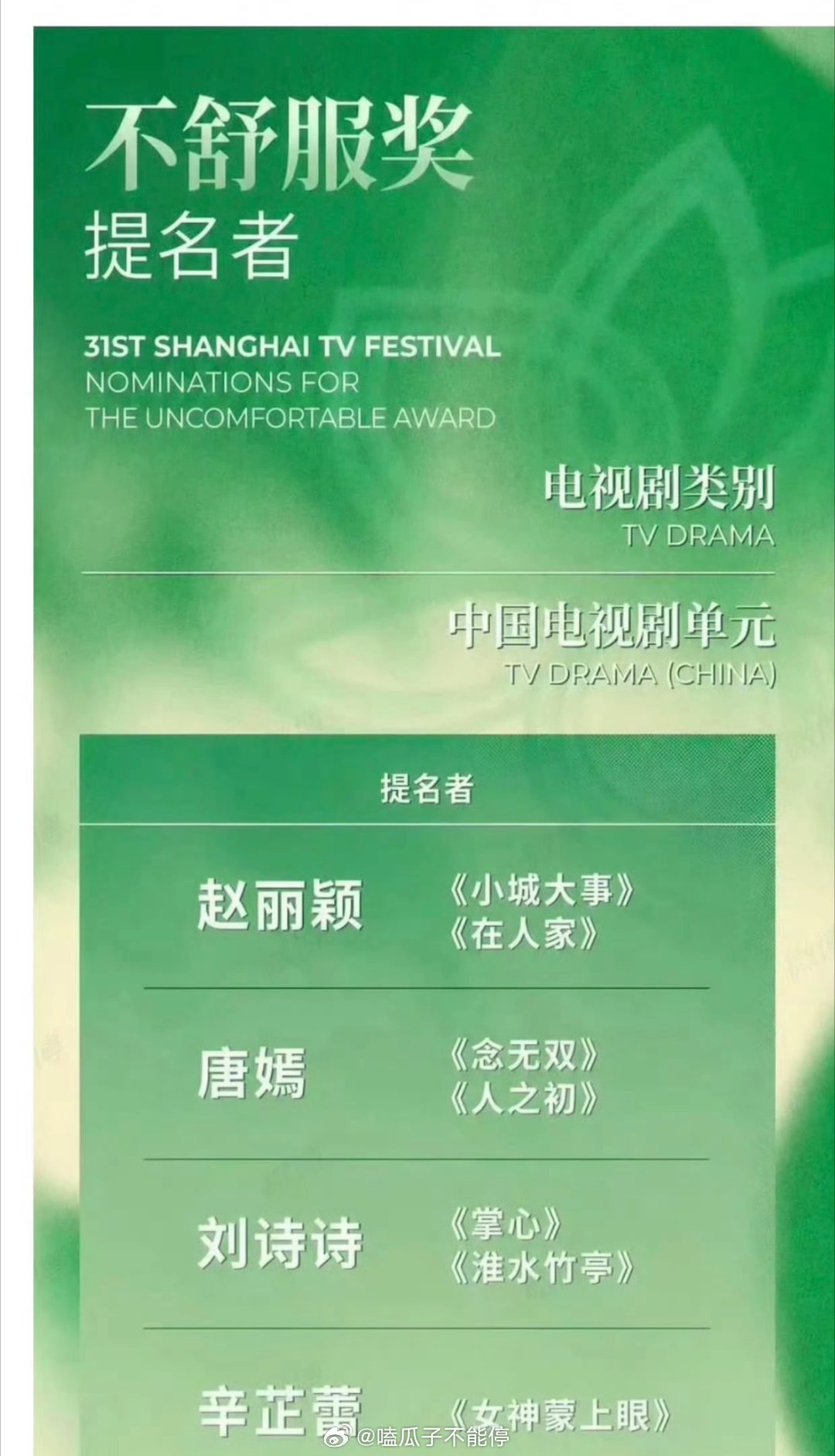网友产出不舒服提名者名单：赵丽颖、唐嫣、刘诗诗、辛芷蕾 