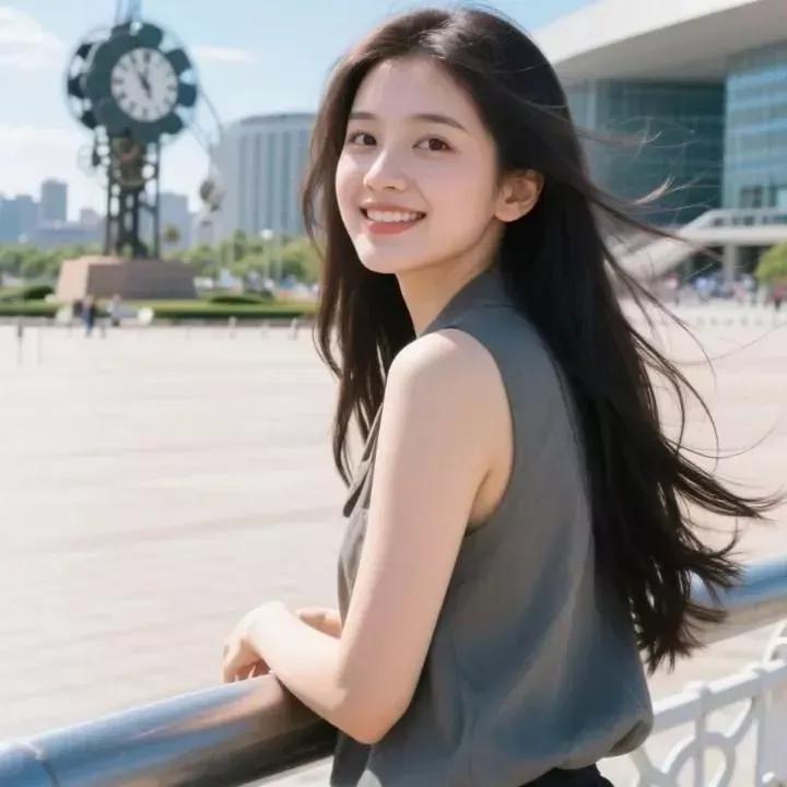 阳光明媚的午后，少女倚栏微笑，微风轻拂发梢，城市美景尽收眼底。少女感笑容 少女感