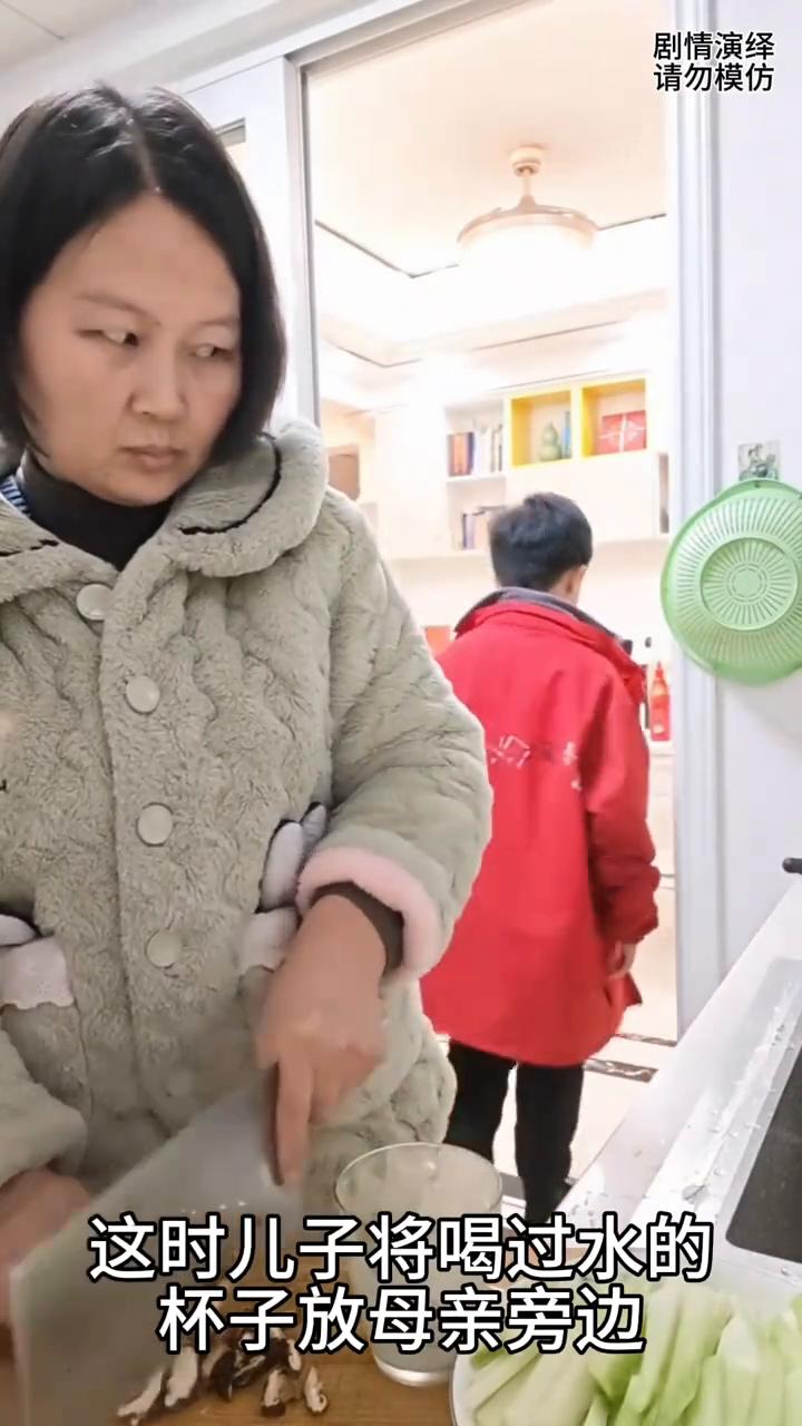 母亲在厨房切菜时暗示儿子自己刷杯子，这一幕真的太搞笑了。
母亲在厨房正在切菜，这