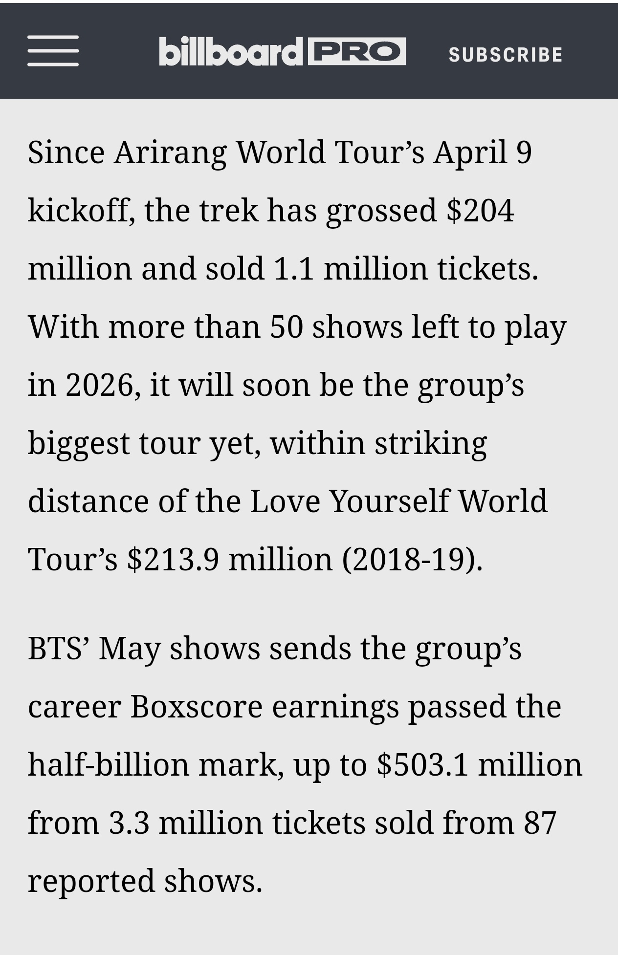 🤯🤯🤯OMG据billboard:自“Arirang World Tour