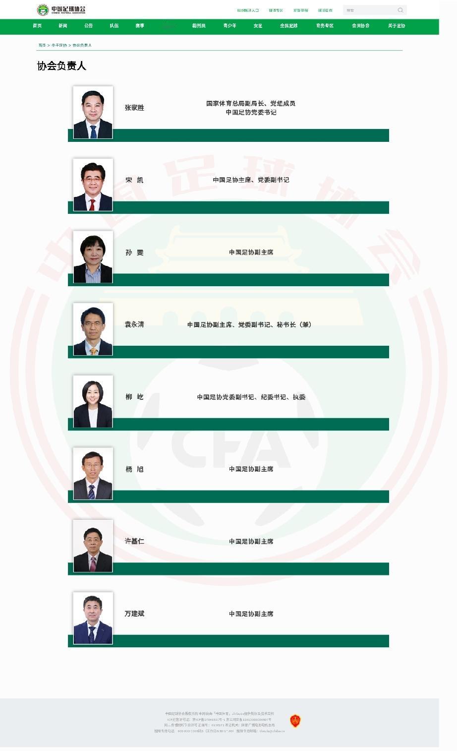 足球、篮球、排球协会的领导名单!
中国足球协会（CFA）
主席：宋凯（原辽宁体育