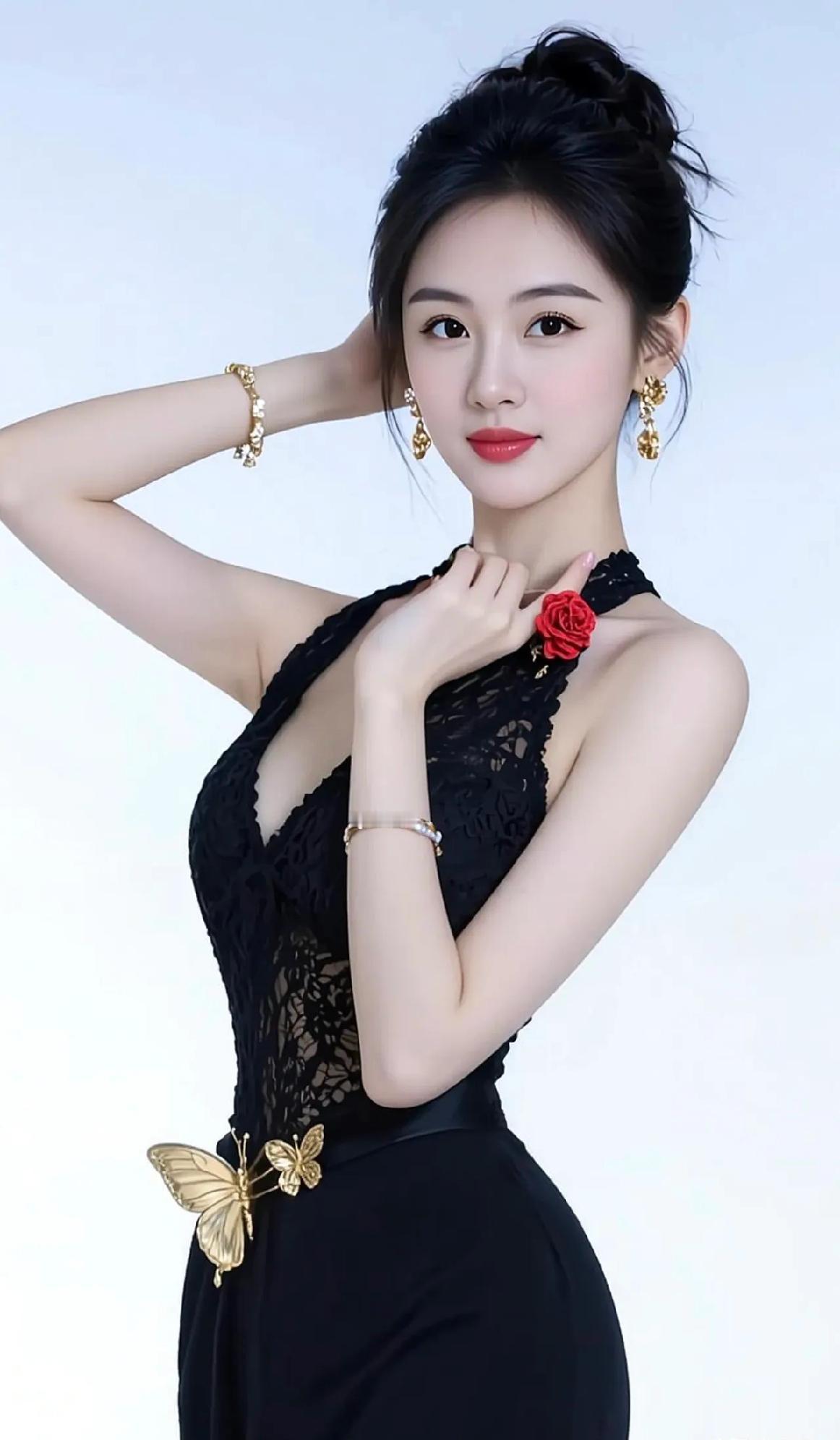 优雅黑裙，红玫瑰点缀，金蝴蝶装饰，尽显高贵气质