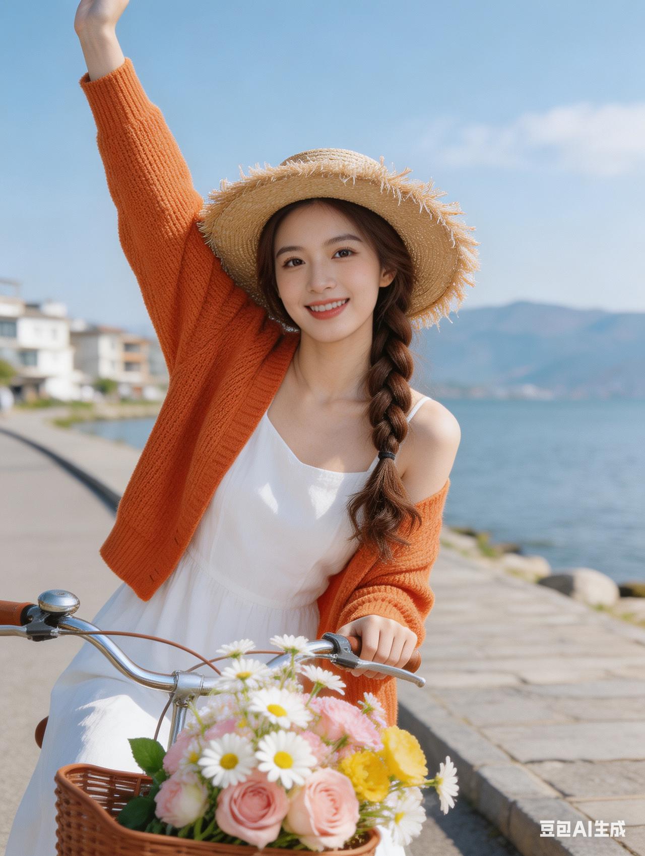 阳光明媚的海边，少女与花篮的甜美时光🌞🌸💃