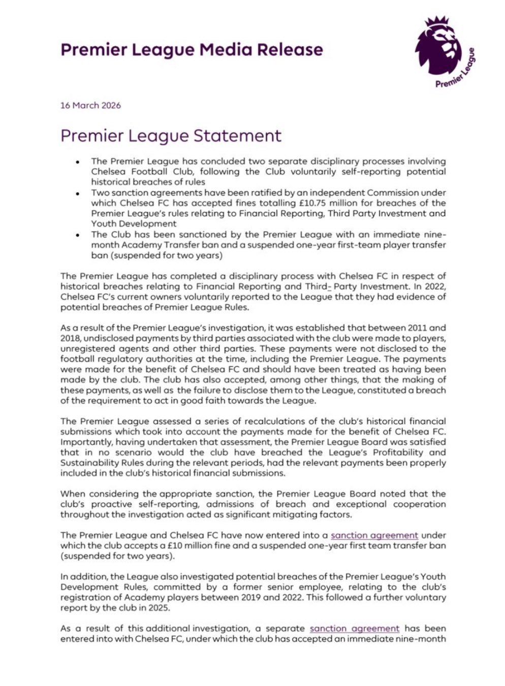 英超联赛的完整声明英超切尔西