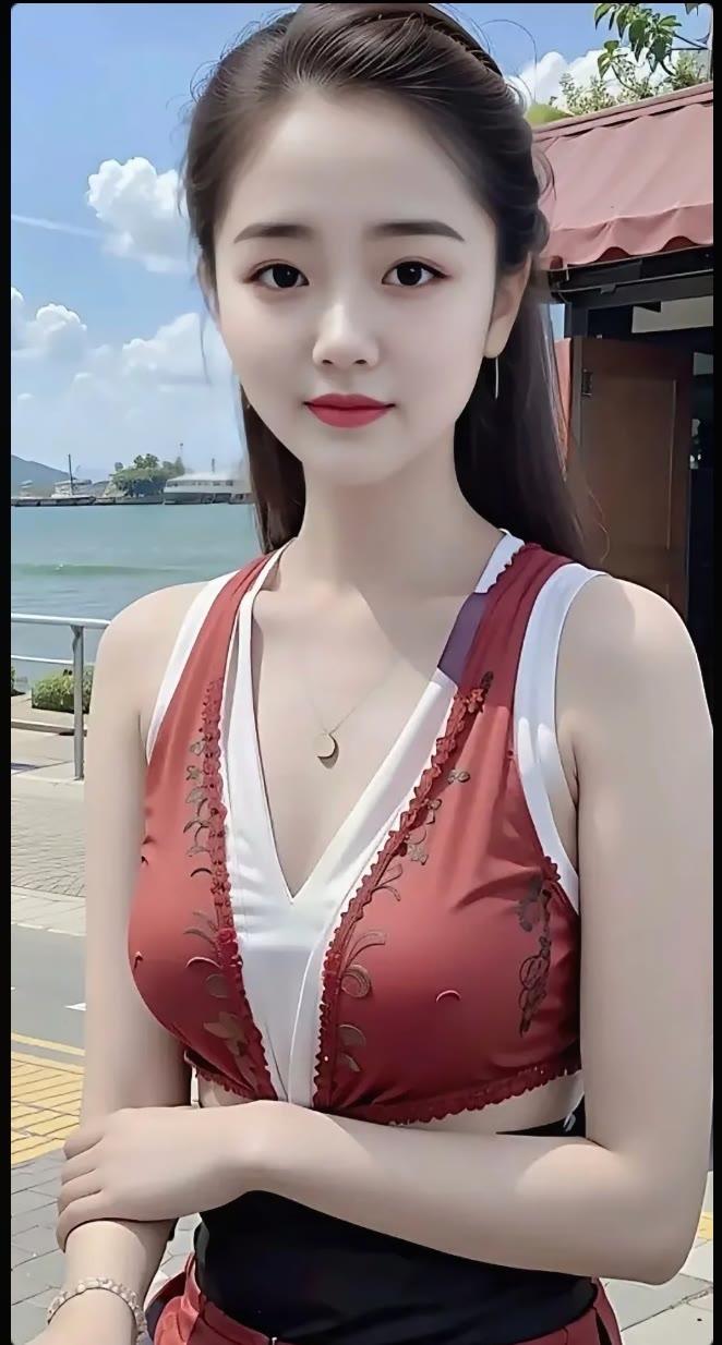 夏日海边少女，红白相间，清新自然