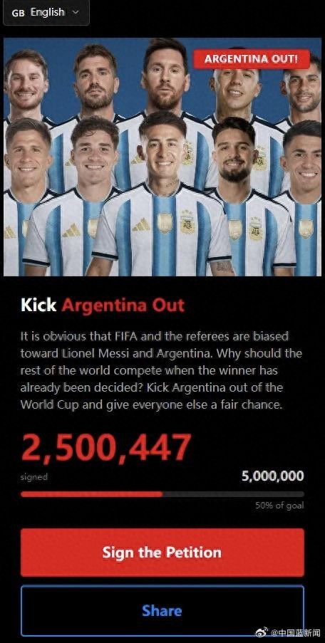 超250万人请愿将阿根廷逐出世界杯世界杯 这么不喜欢阿根廷吗？近日，海外网站发起