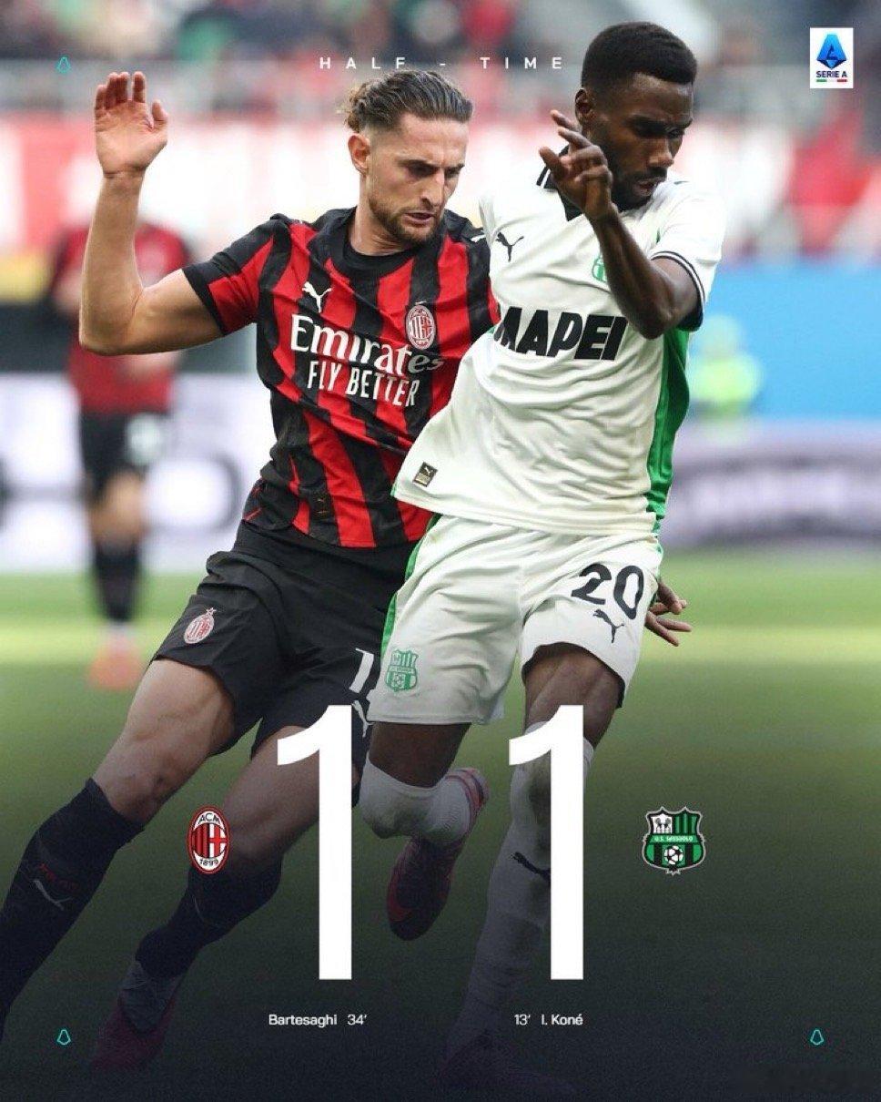 上半场比赛结束 萨索洛和AC米兰1:1战平意甲热点解读 