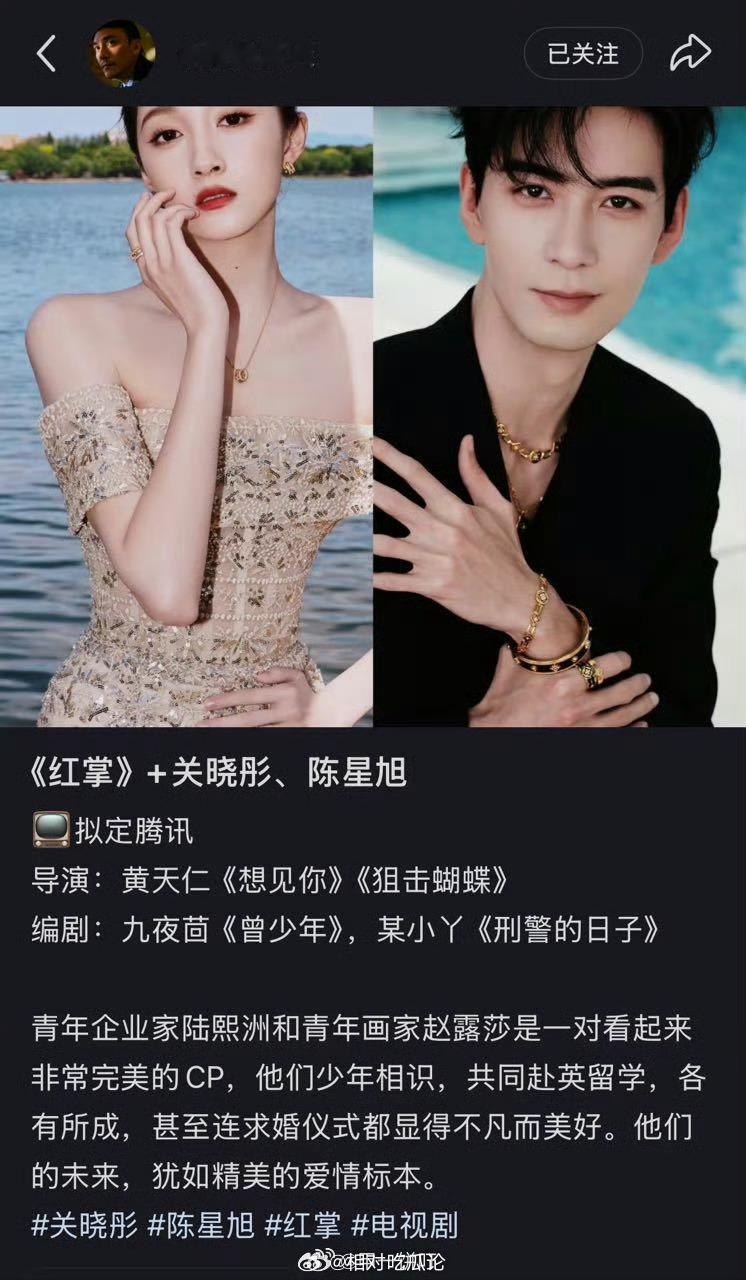 悬疑剧《红掌》：关晓彤、陈星旭平台：拟定腾讯导演：黄天仁《想见你》《狙击蝴蝶》编