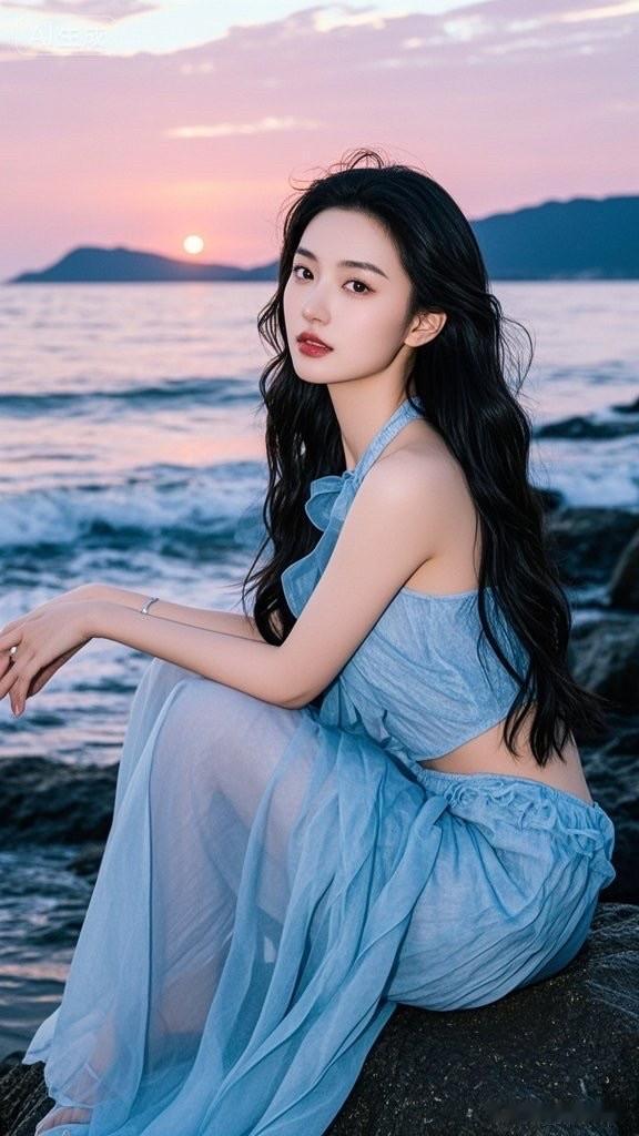 海边少女，温柔蓝裙，夕阳下的浪漫时光