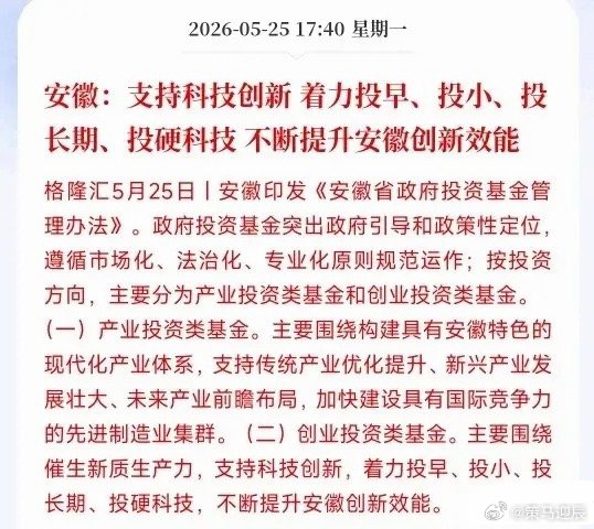 A股收盘后，科技股又来了政策性利好消息安徽出台新规，规范打理省里的政府投资基金，