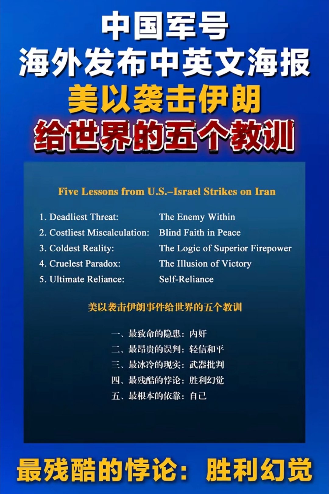 中国军号发布的从美以袭击伊朗事件给世界的五个教训:一、最致命的隐患：内奸二、最昂
