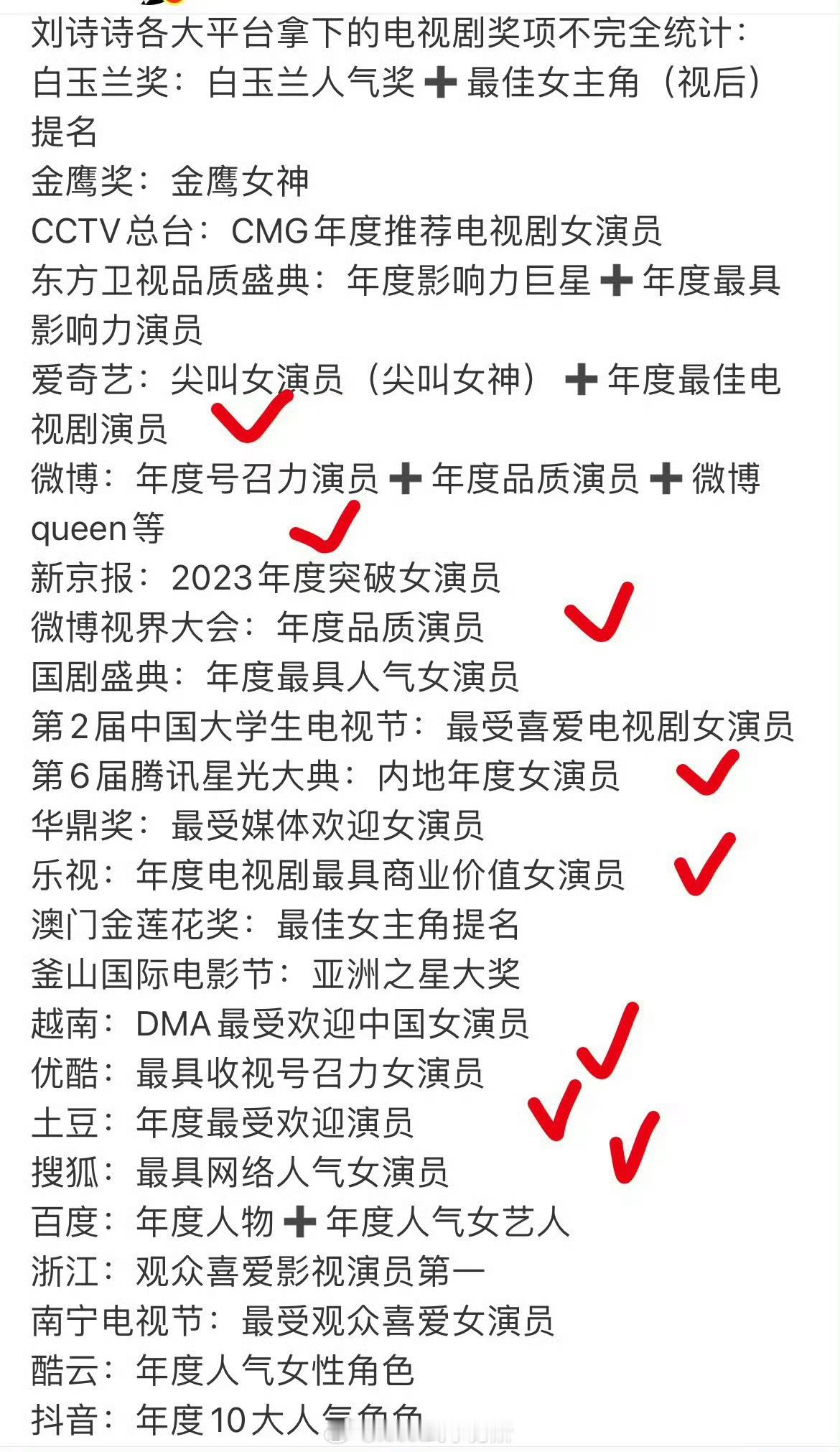刘诗诗原来爱奇艺尖叫之夜，腾讯星光大典，微博之夜，微博视界大会等，还有以前的优酷